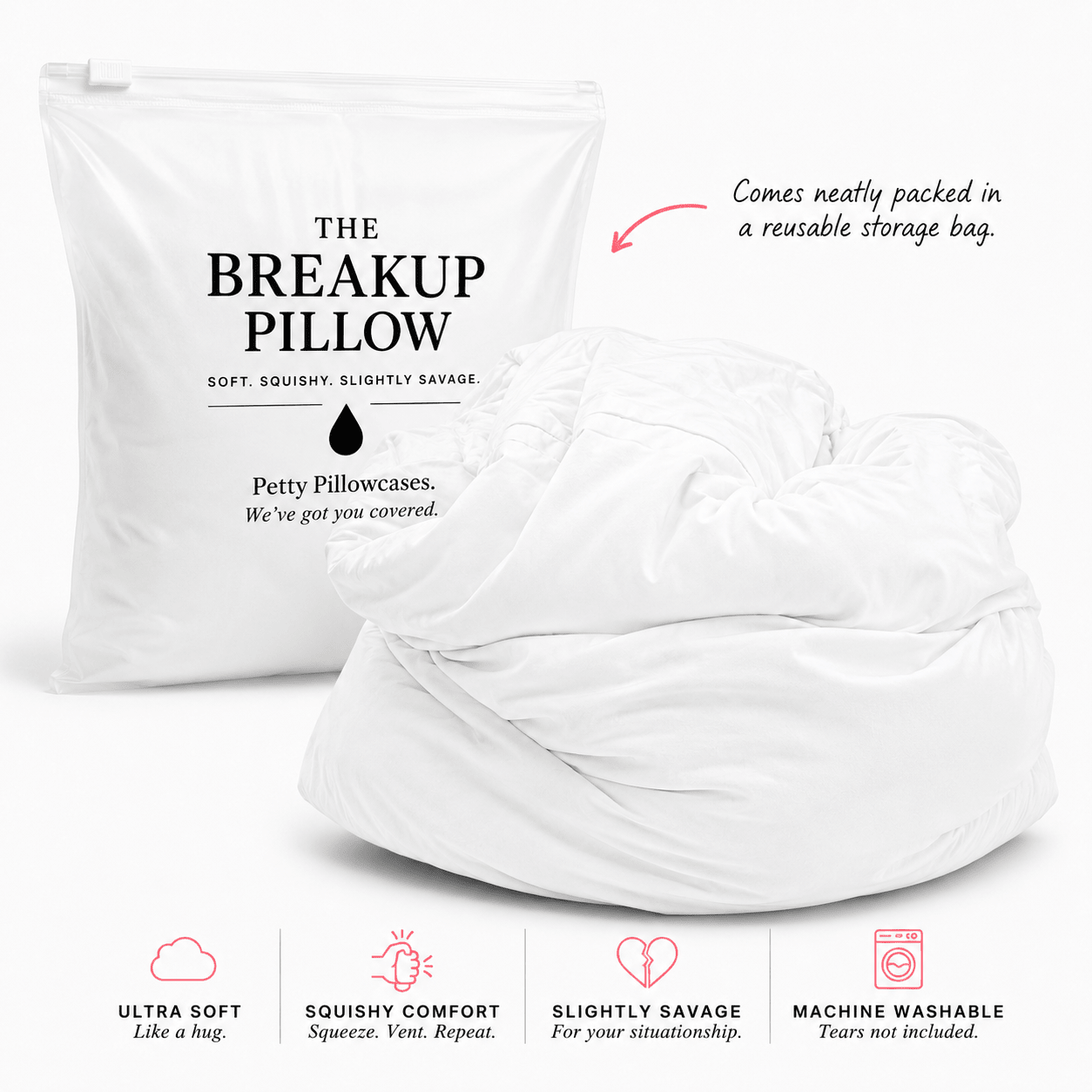 White Lies white breakup pillow on a bed — bamboo viscose comfort pillow by The Breakup Pillow