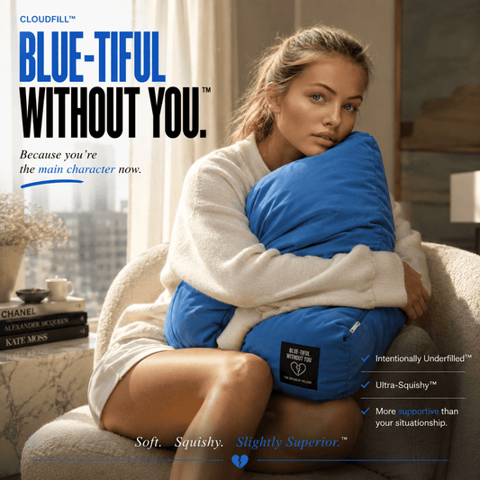 Woman sitting on a couch holding a blue pillow with promotional text overlay.