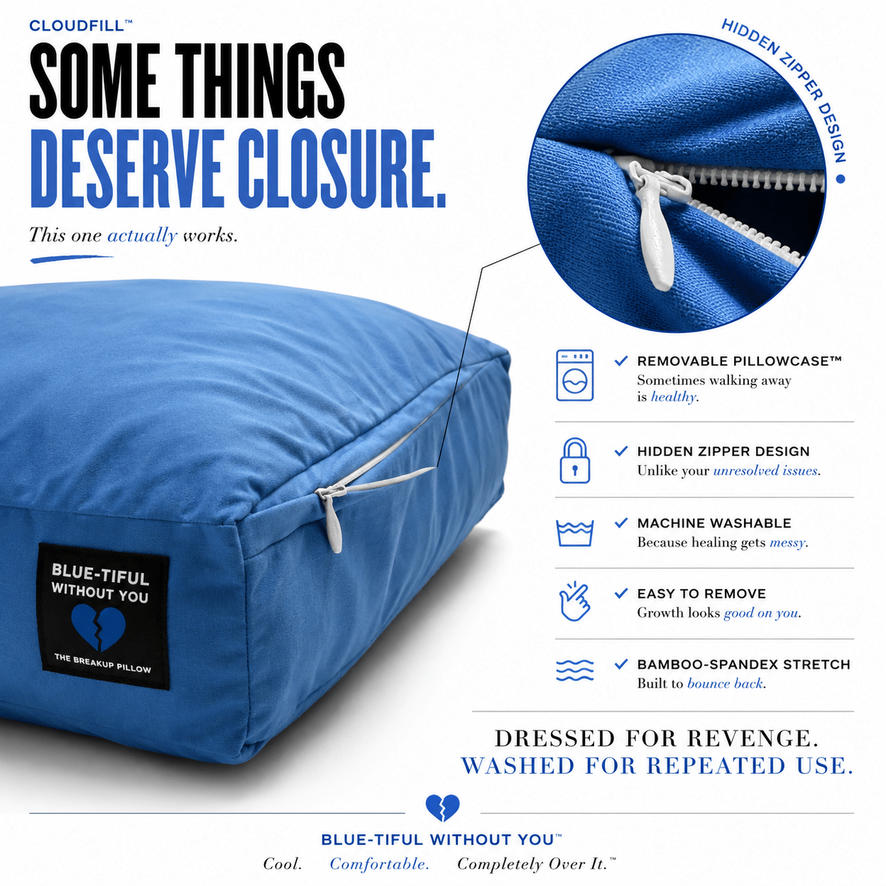 Blue pillow with features highlighted on a white background