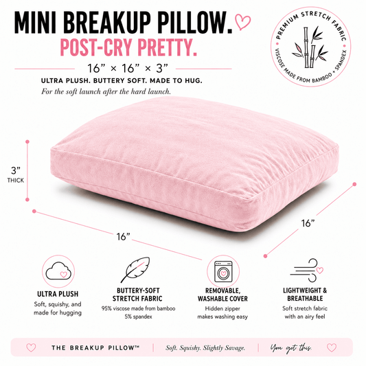 Post-Cry Pretty pink Mini Breakup Pillow – 16-inch soft bamboo cuddle pillow, breakup gift for her by The Breakup Pillow
