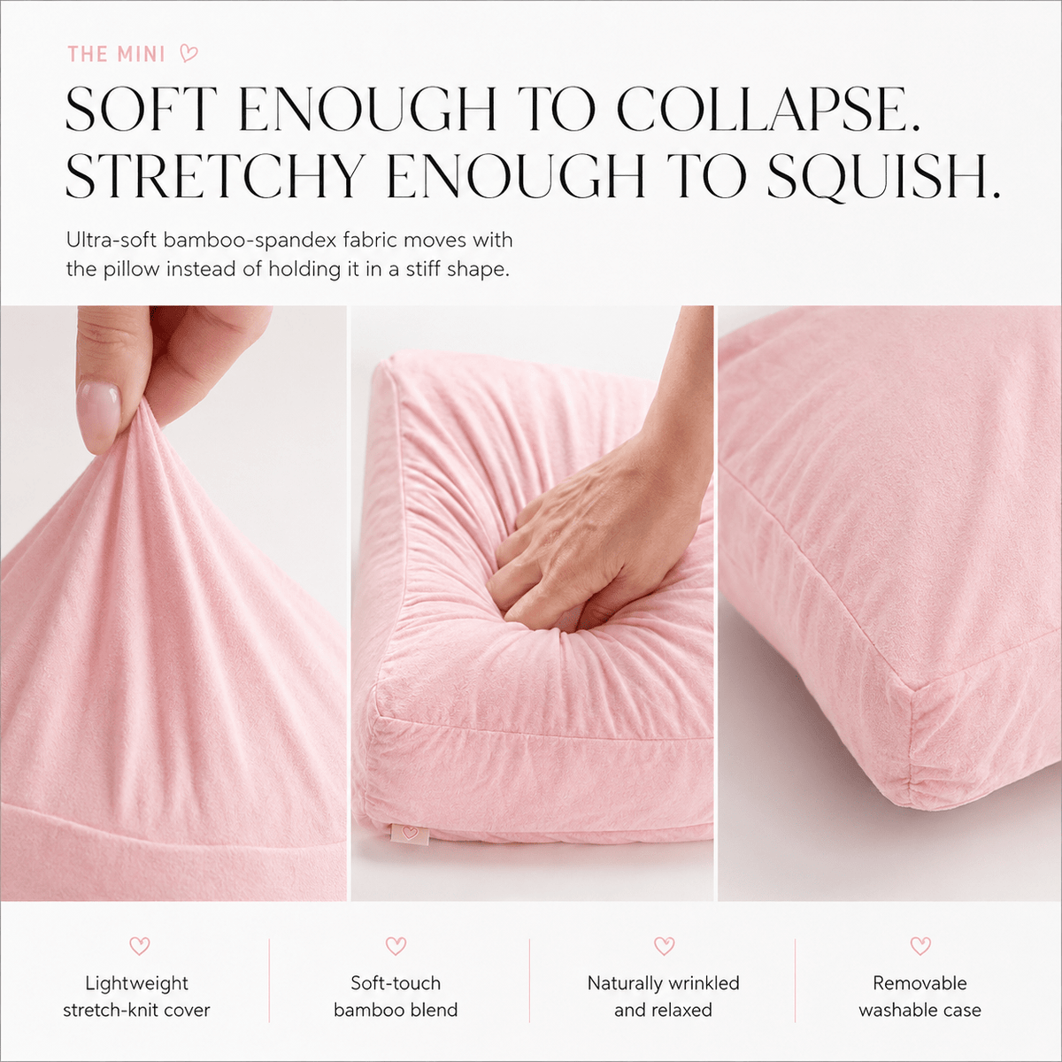 Petty Pillowcase Mini – 16x16 bamboo viscose pillow cover for The Breakup Mini, stretch fabric detail by The Breakup Pillow