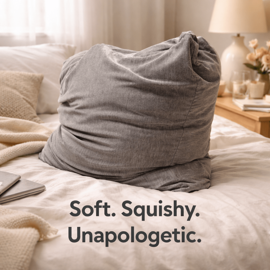 A large gray breakup pillow sits on a bed in a softly lit bedroom. Text overlaid at the bottom reads, 'Soft.