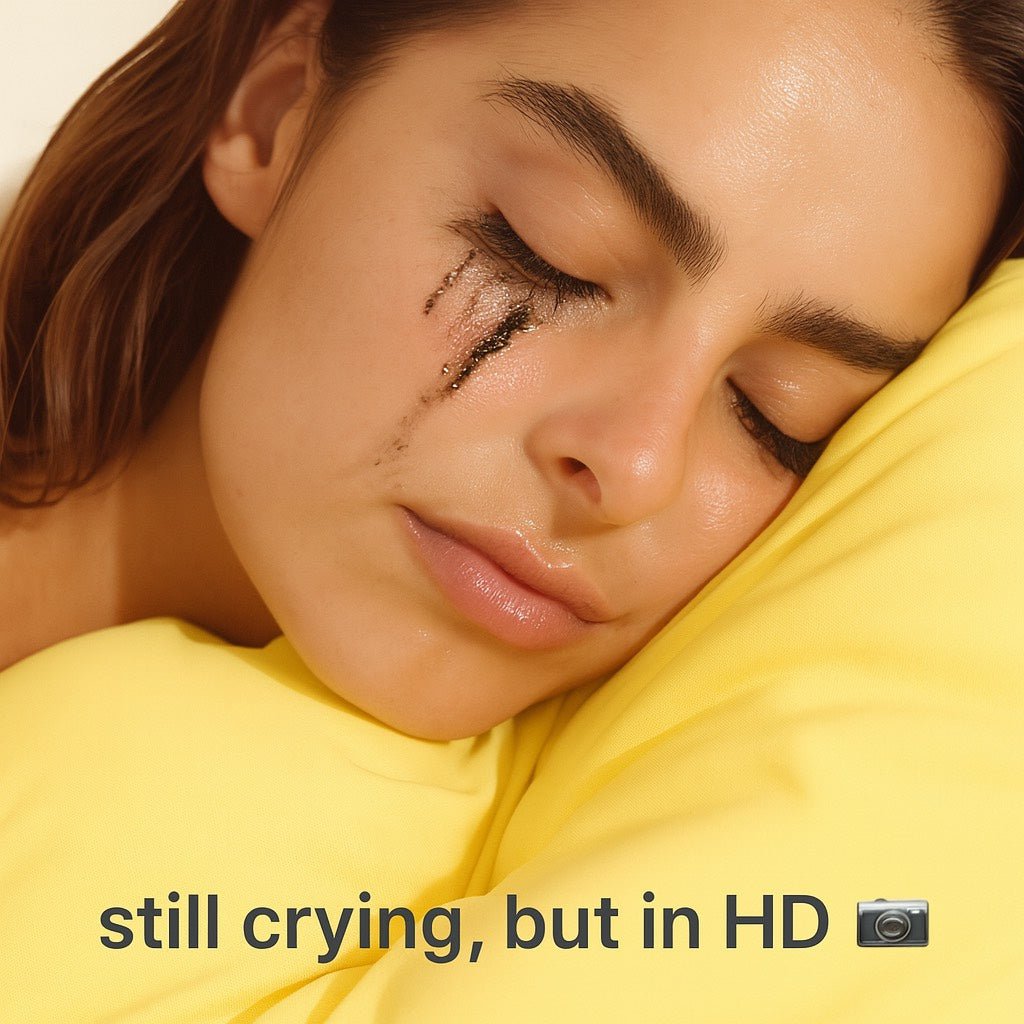 Woman crying on a breakup pillow with mascara tears running down her face.