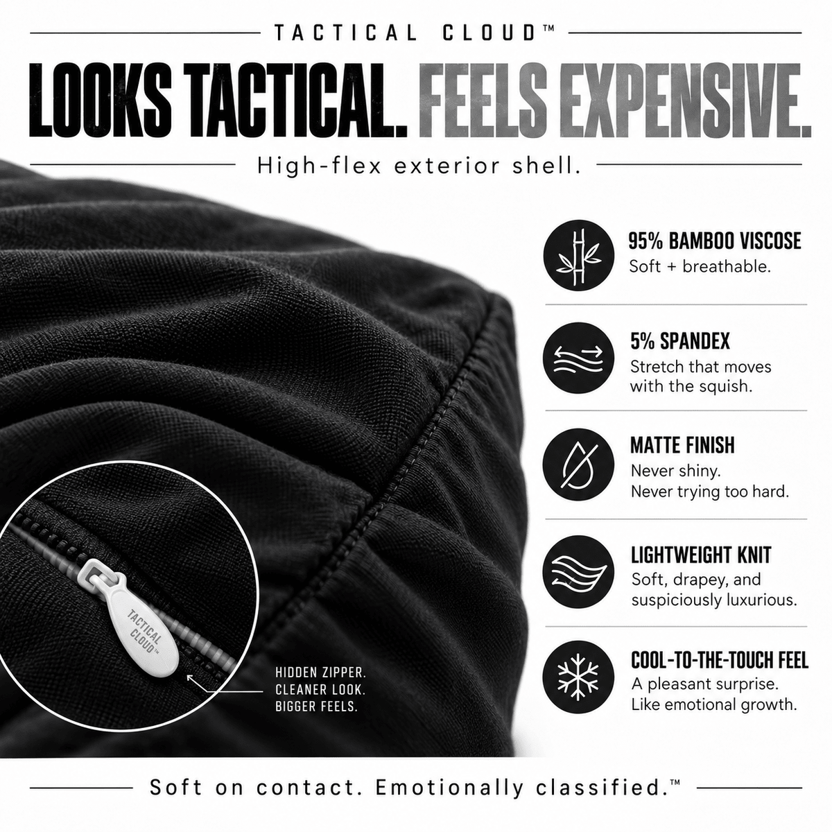Tactical Cloud™ black pillow texture and compressible feel