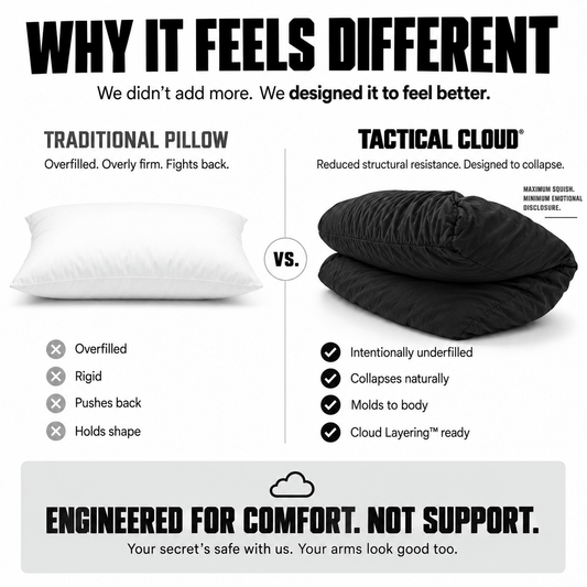 Tactical Cloud intentionally underfilled cuddle pillow compared with a traditional overfilled pillow