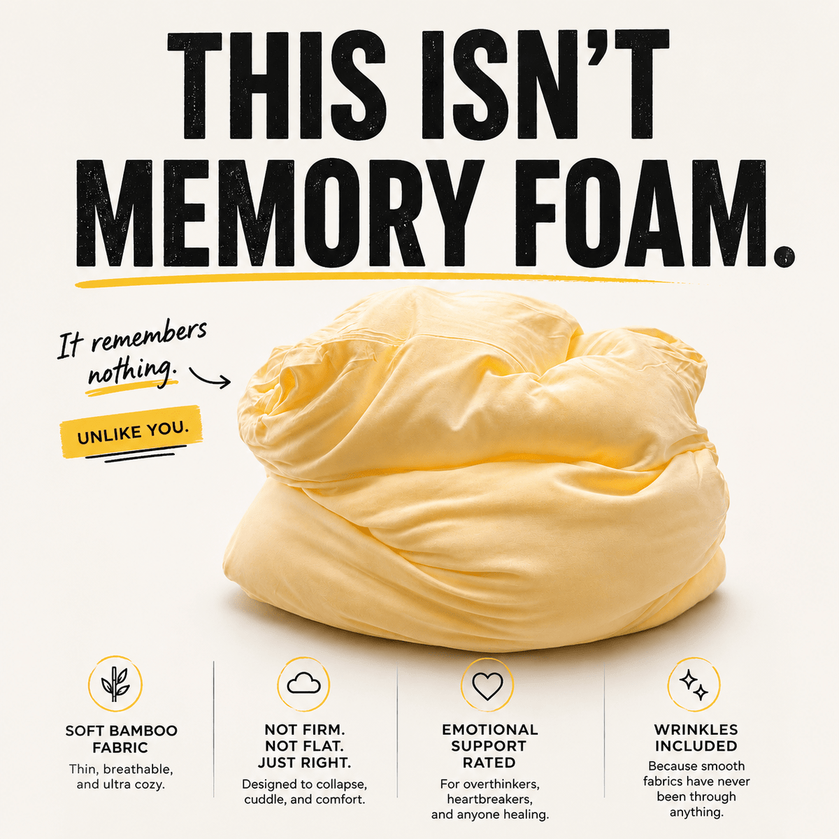 Sunny But Still Mad yellow bamboo fabric – not memory foam, intentionally underfilled breakup pillow by The Breakup Pillow