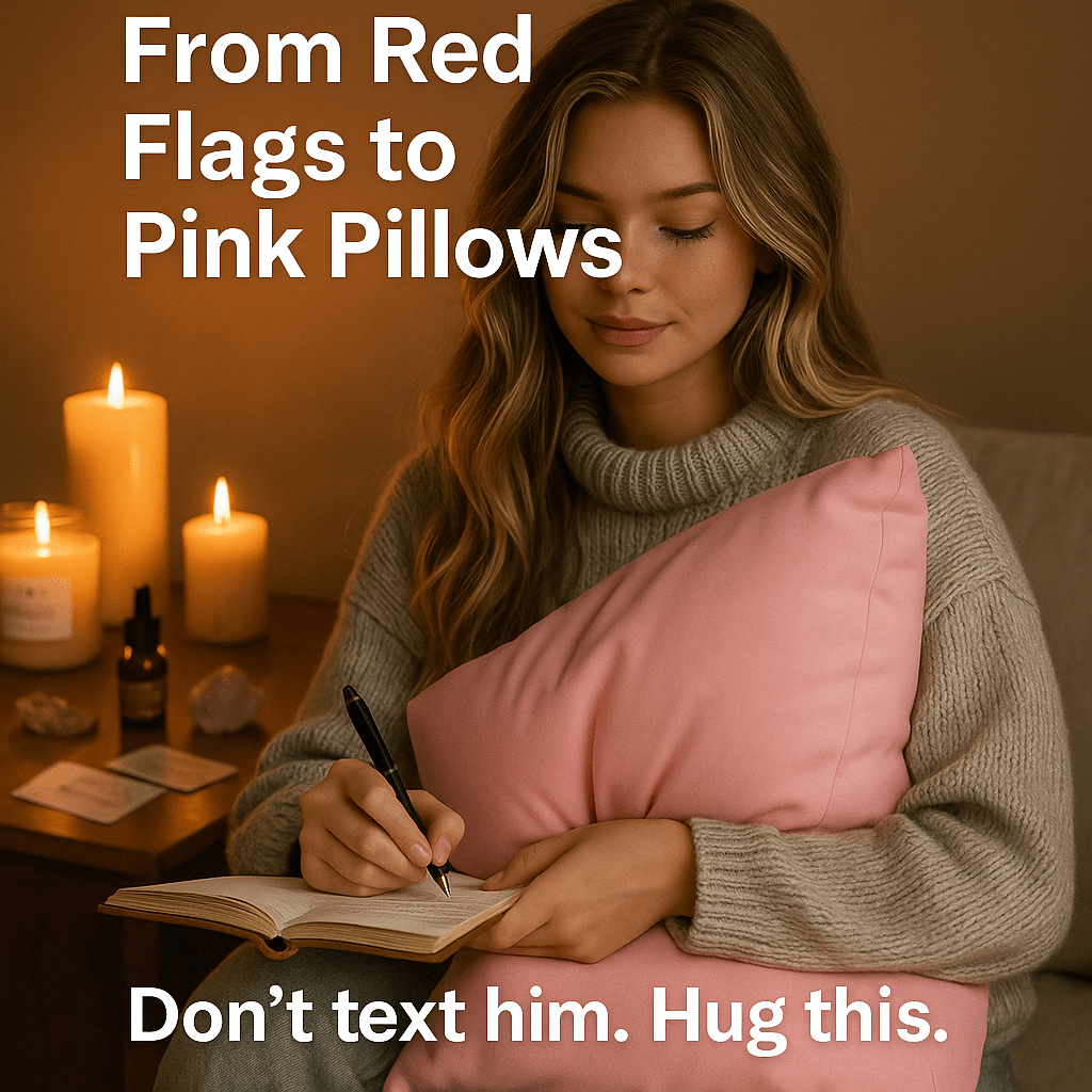 Woman holding pink breakup pillow — best friend breakup gift
