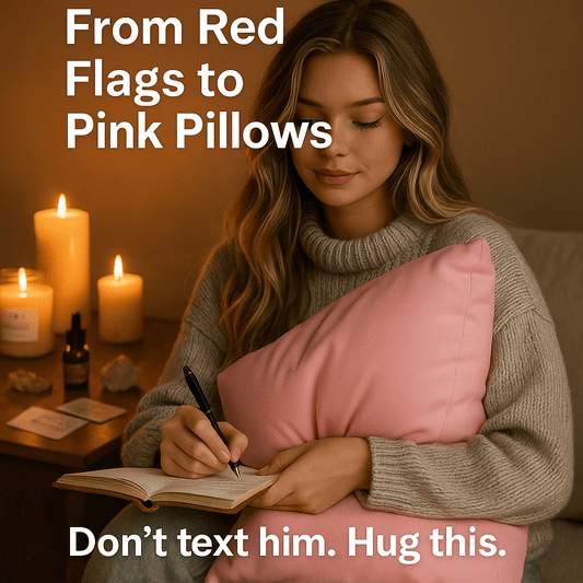 Woman holding pink breakup pillow — best friend breakup gift