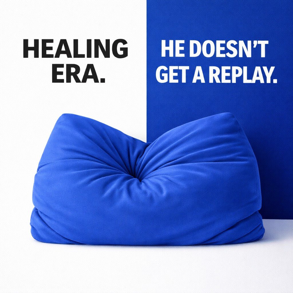 Blue-Tiful Without You blue Breakup Pillow with the text Healing era. He doesn't get a replay.