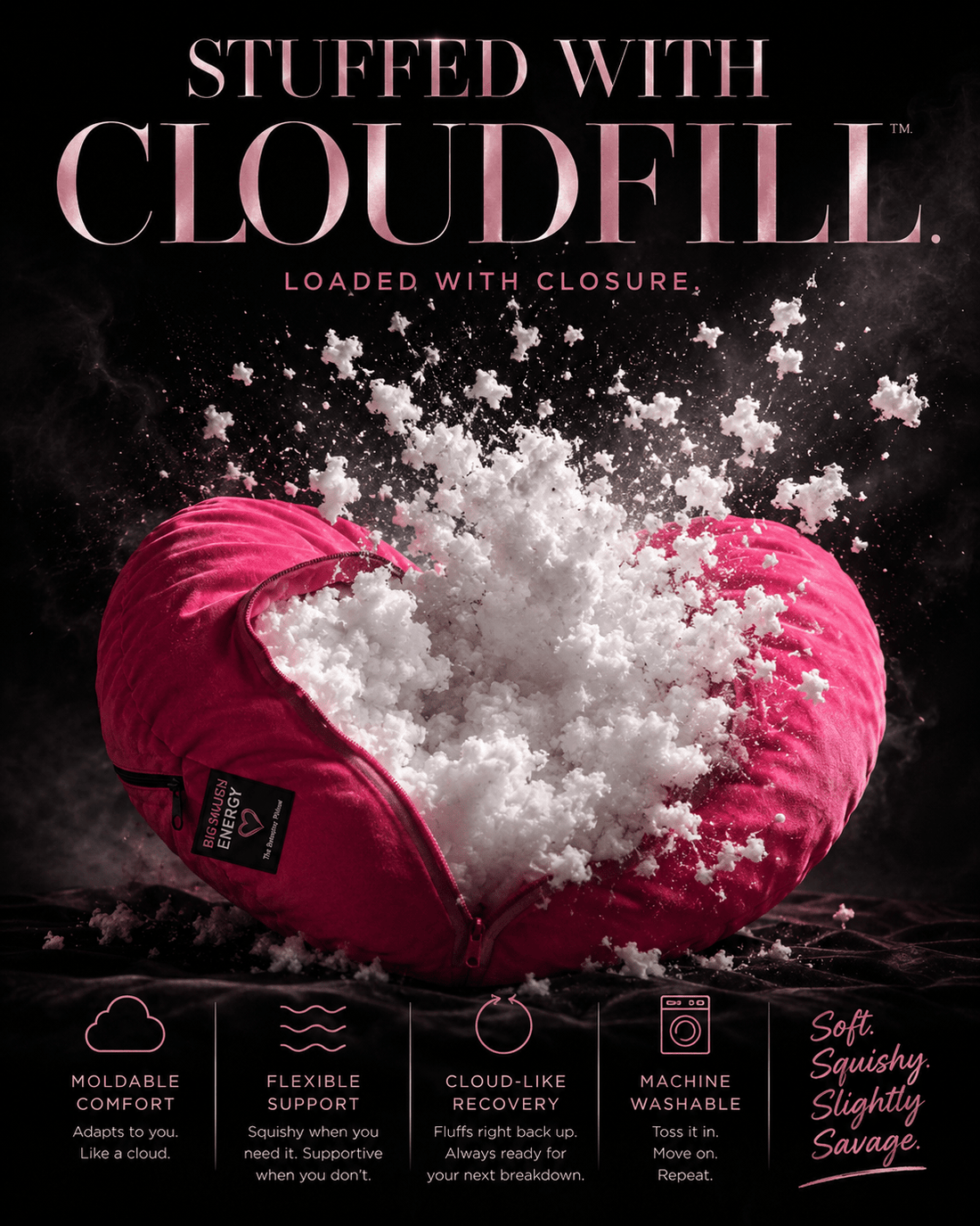 Breakup gift for her — heart-shaped CloudFill comfort pillow in pink