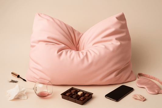 Pink breakup pillow on lifestyle flatlay — sad girl era self care