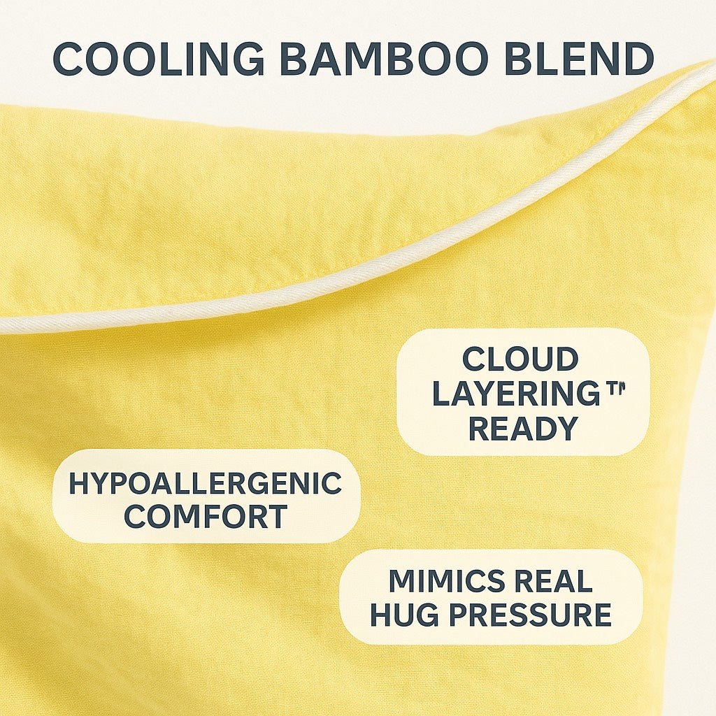 Yellow breakup pillow highlighting cooling bamboo features