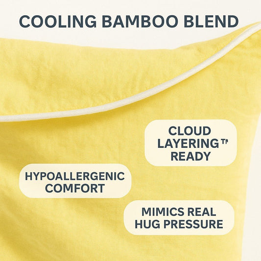 Yellow breakup pillow highlighting cooling bamboo features