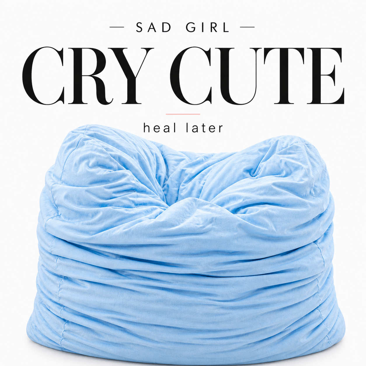 Sad girl breakup pillow in soft blue color with squishy plush texture, self care comfort pillow with “cry cute” aesthetic for emotional healing and breakup gifts