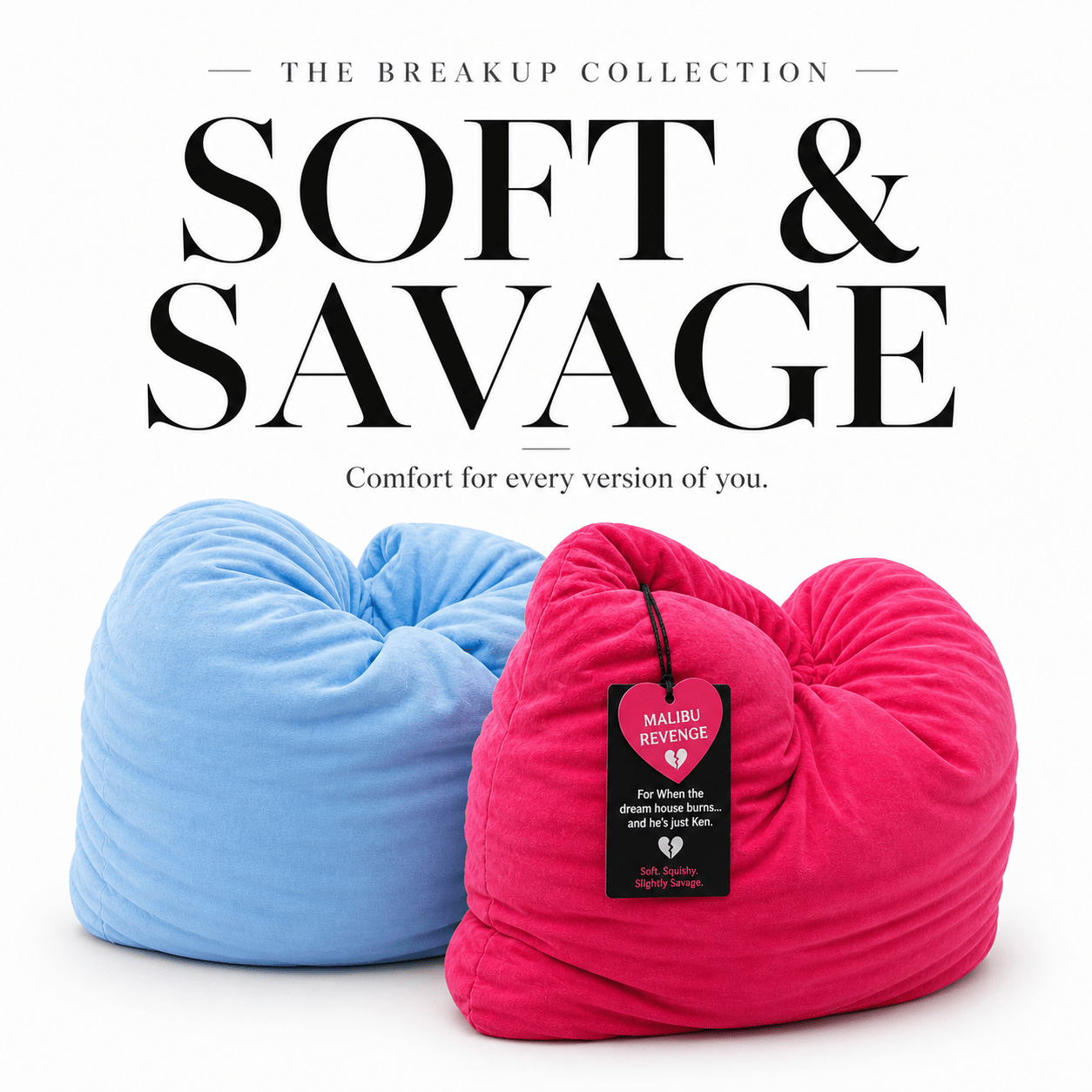 Soft and savage written on breakup pillow collection image with blue and pink pillows.