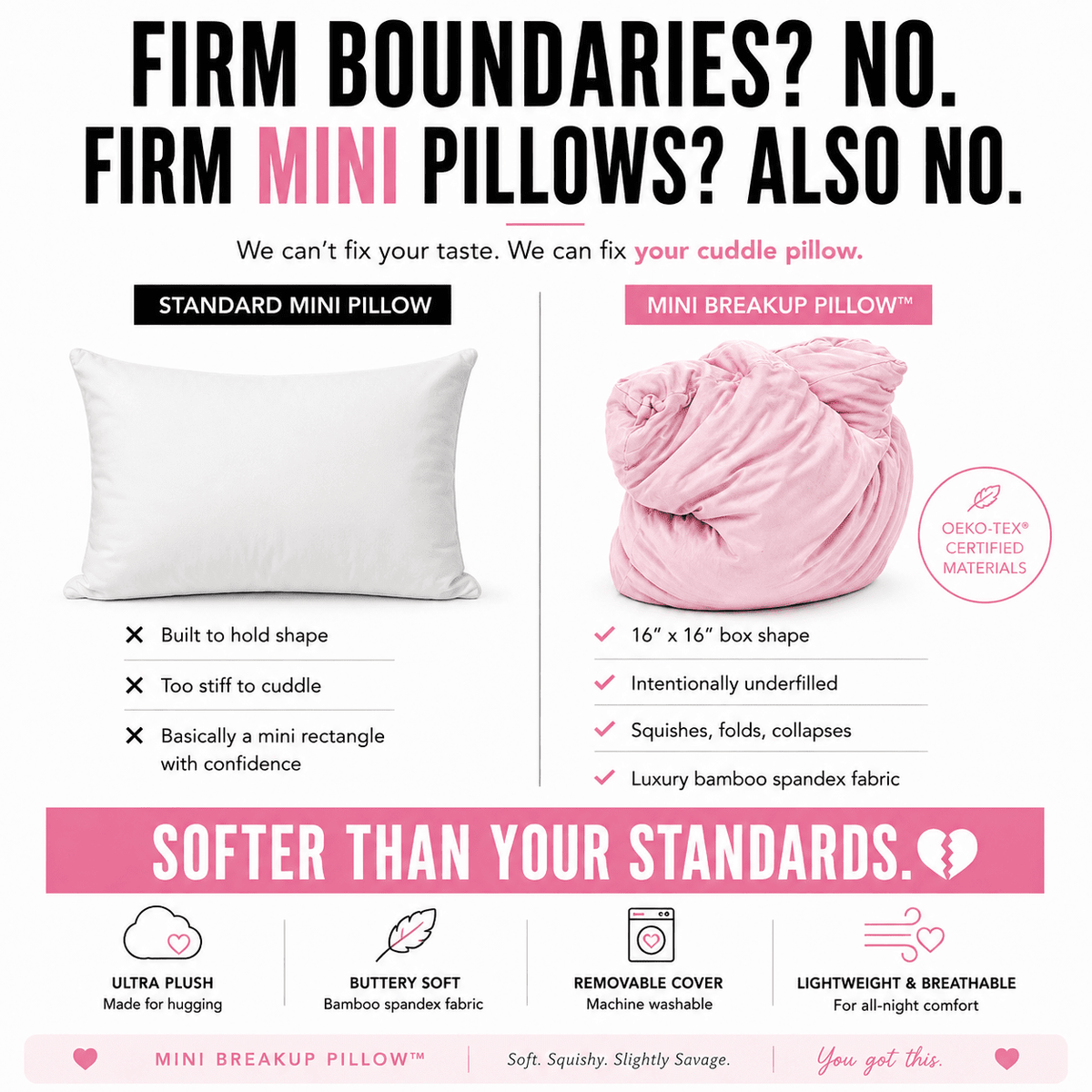 Mini Breakup Pillow – 16-inch squishy bamboo cuddle pillow, travel-size breakup gift by The Breakup Pillow