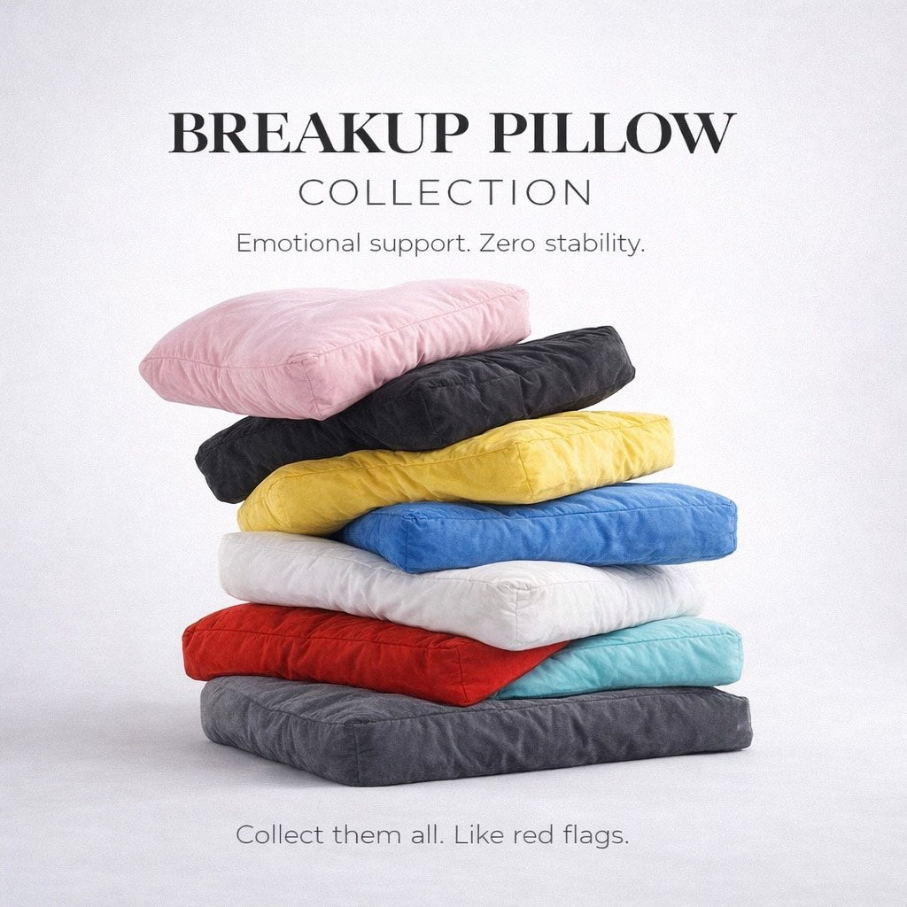 Stack of breakup pillows on a white backdrop showing the full collection