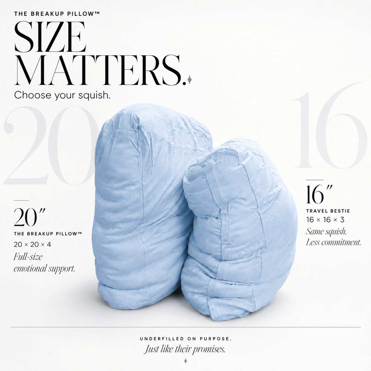 Breakup pillow size comparison – 20-inch original vs 16-inch mini soft bamboo cuddle pillow guide by The Breakup Pillow