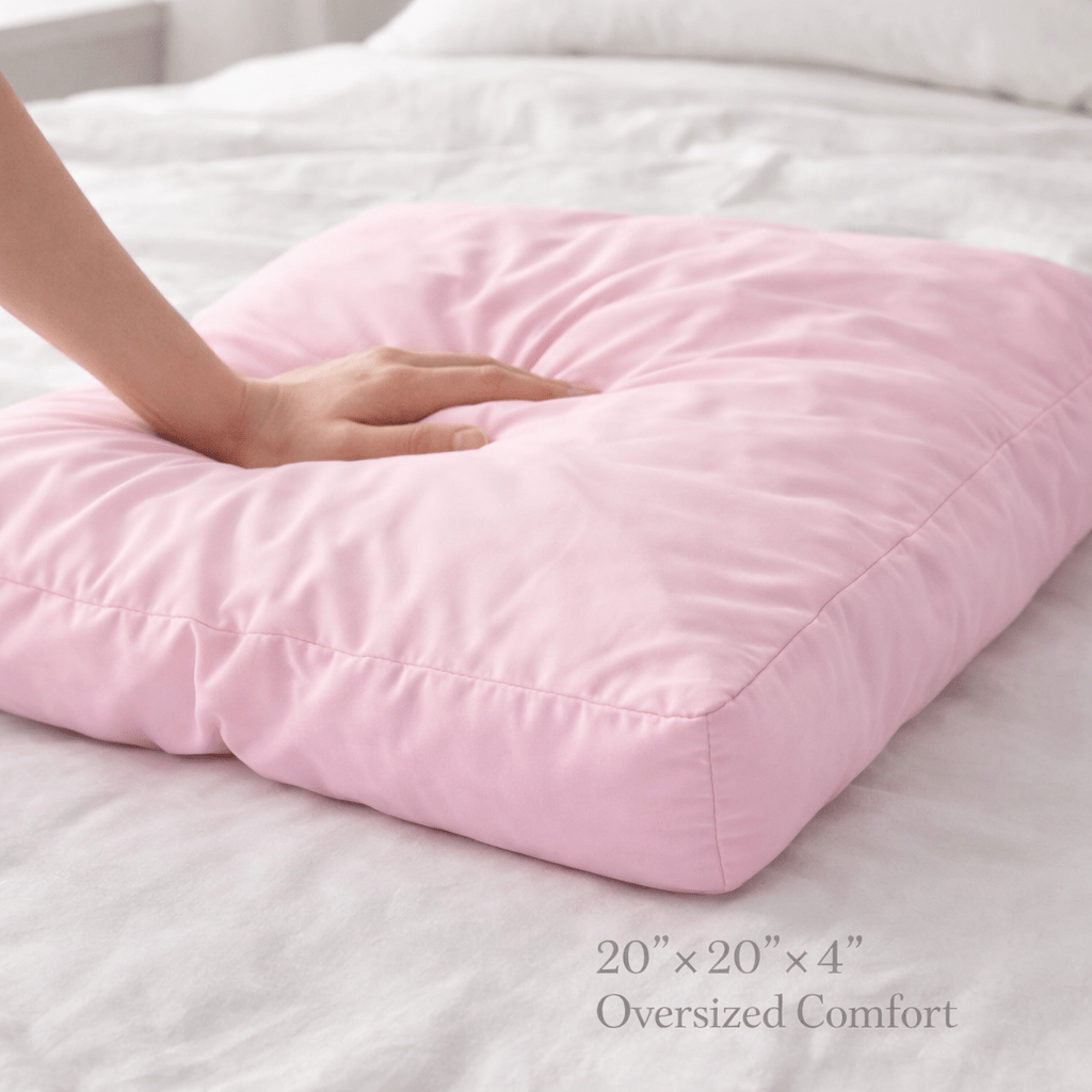Pink pillow on a bed with a hand touching it, labeled 'Oversized Comfort'.