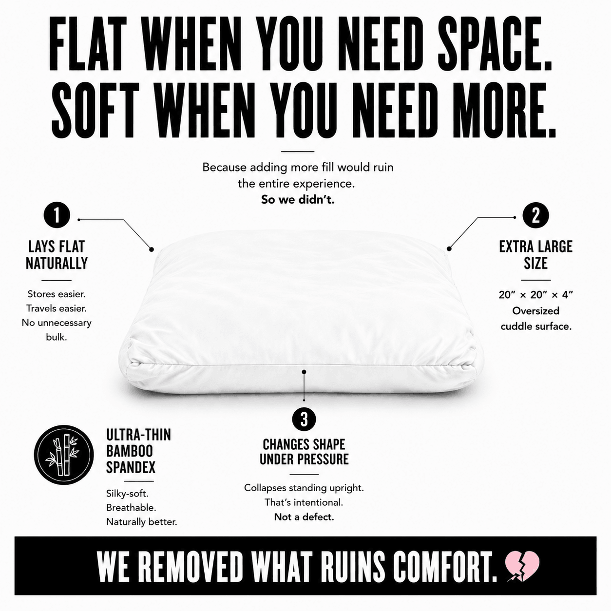 White Lies white breakup pillow, alternate view — bamboo viscose comfort pillow by The Breakup Pillow