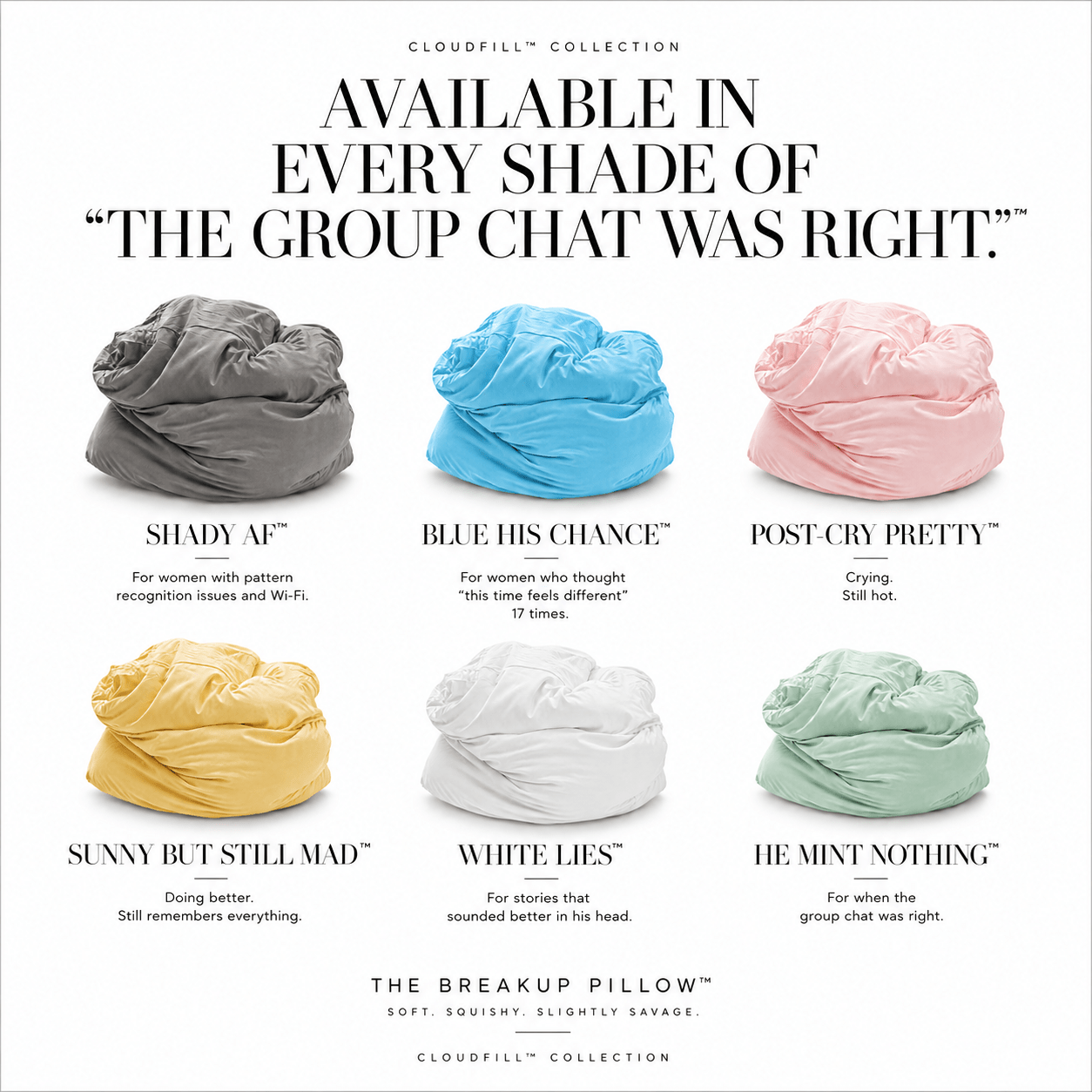 The Breakup Pillow colorway range — bamboo viscose breakup pillows in every shade