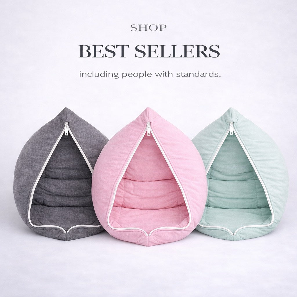 Three pillows gray, pink, and green on a white background with 'Shop Best Sellers'