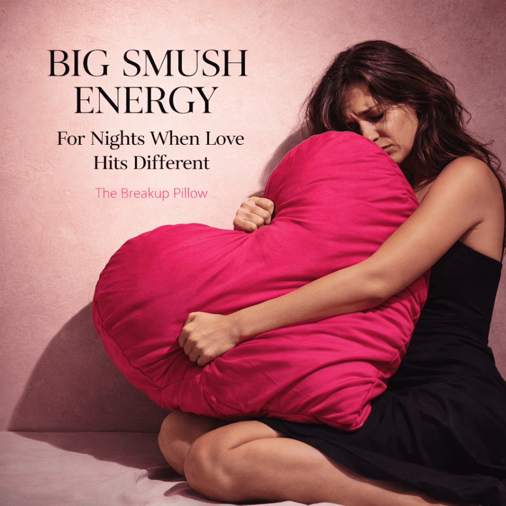 Woman hugging a large pink pillow with text about 'Big Smush Energy' on a pink background