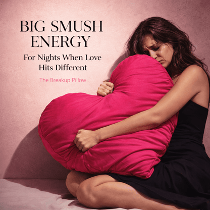 Woman hugging Big Smush Energy hot pink heart-shaped breakup pillow – breakup gift for her by The Breakup Pillow