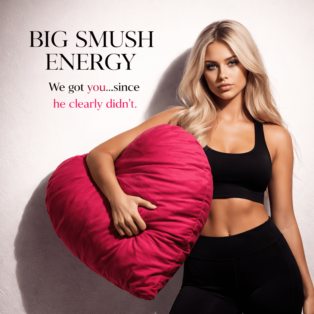 Woman holding a heart-shaped pillow with text about 'BIG SMUSH ENERGY' on a light background