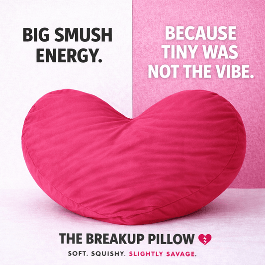 Pink heart-shaped pillow with text on a pink and white background