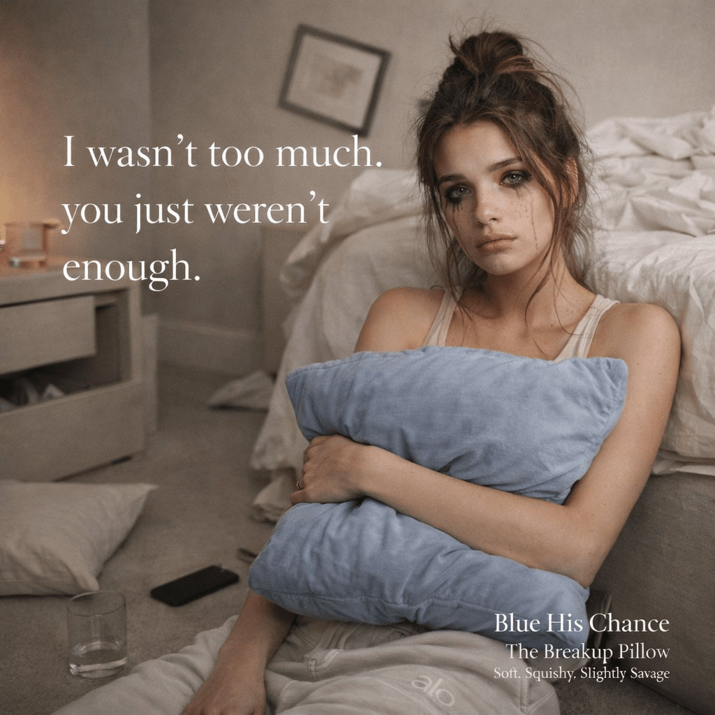 Woman holding a blue pillow with text overlay in a bedroom setting