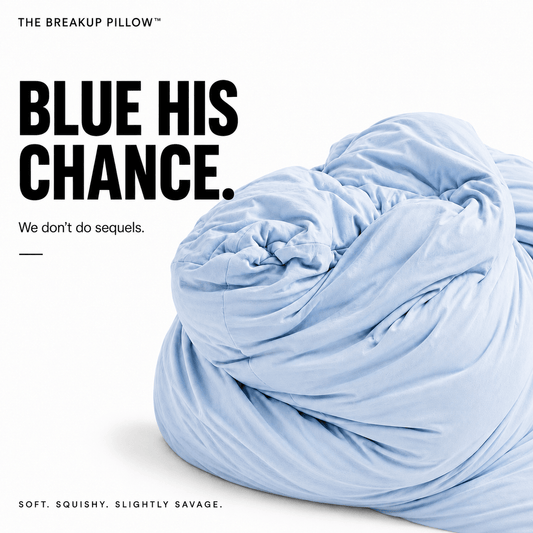 A light blue pillow shown in a styled product graphic with large black text reading 'BLUE HIS CHANCE.' and smaller copy on a white background.
