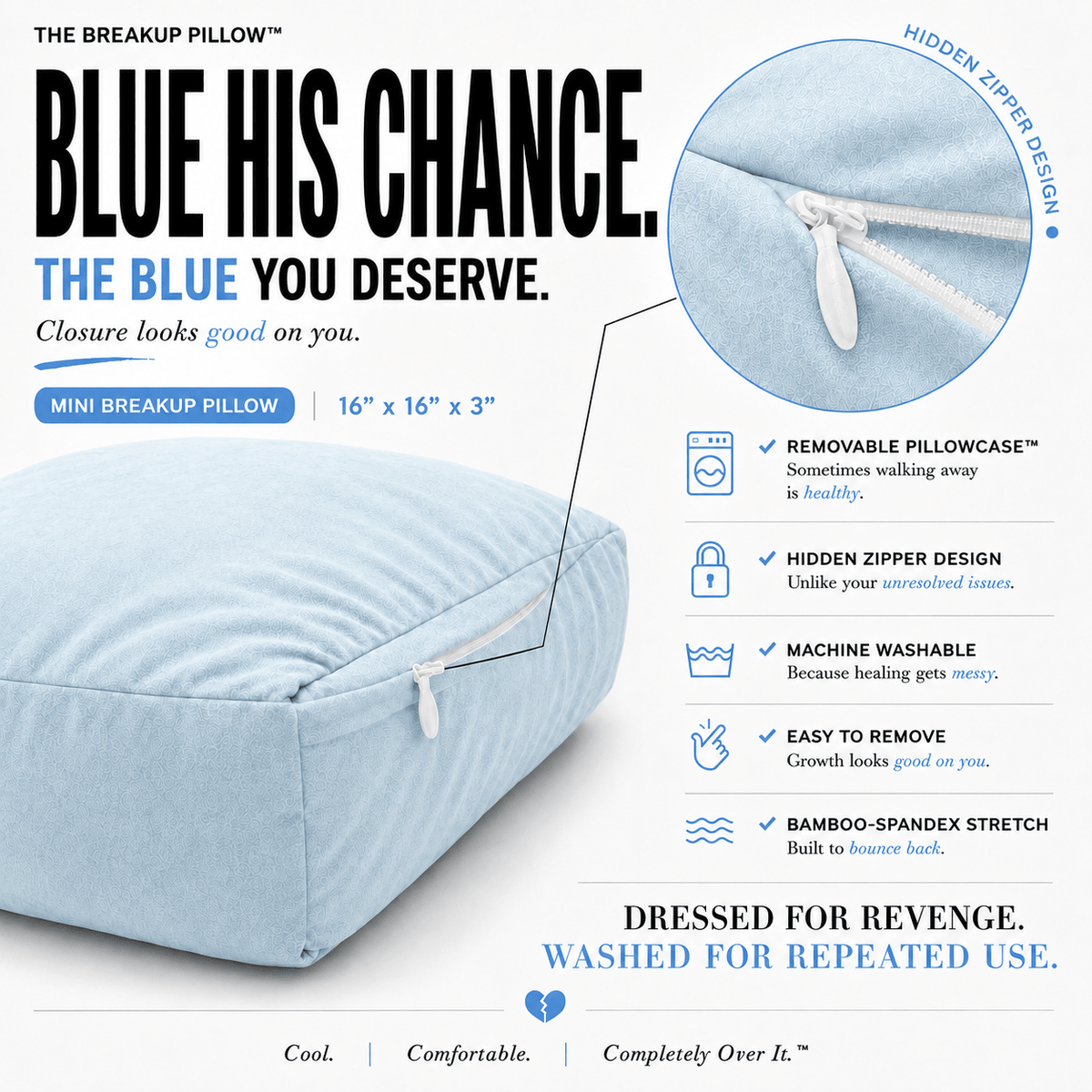 Blue His Chance Mini Breakup Pillow – hidden zipper, removable machine-washable bamboo-spandex cover by The Breakup Pillow