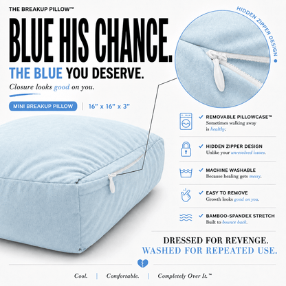 Blue His Chance Mini Breakup Pillow – hidden zipper, removable machine-washable bamboo-spandex cover by The Breakup Pillow