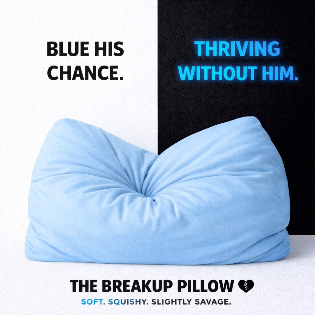 Blue pillow with text about a product called 'The Breakup Pillow' on a white and black background.