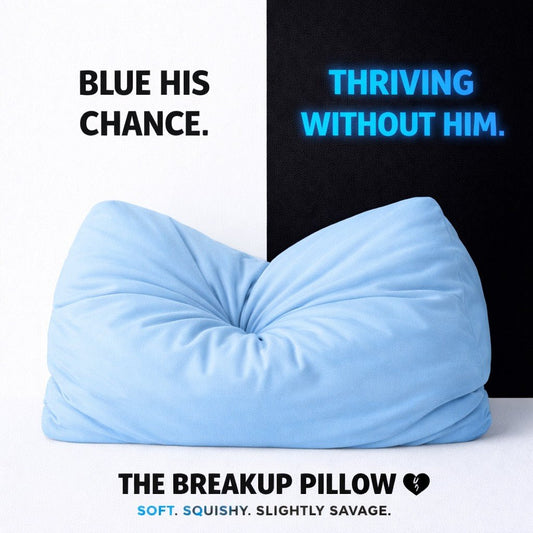 Blue pillow with text about a product called 'The Breakup Pillow' on a white and black background.