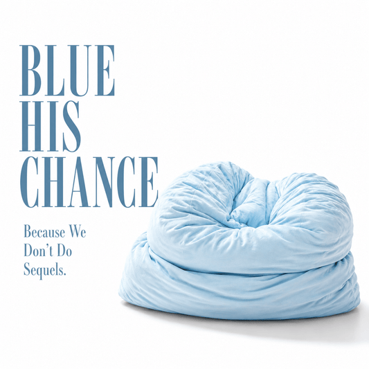 Light blue underfilled soft pillow with text 'BLUE HIS CHANCE Because We Don't Do Sequels.' on a white background