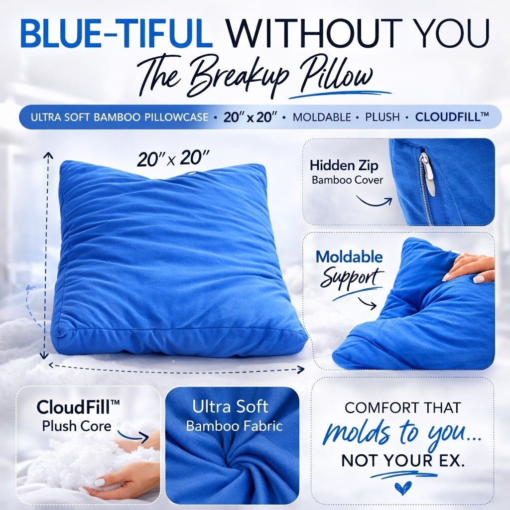 Blue-Tiful Without You Breakup pillow with features highlighted on a white background