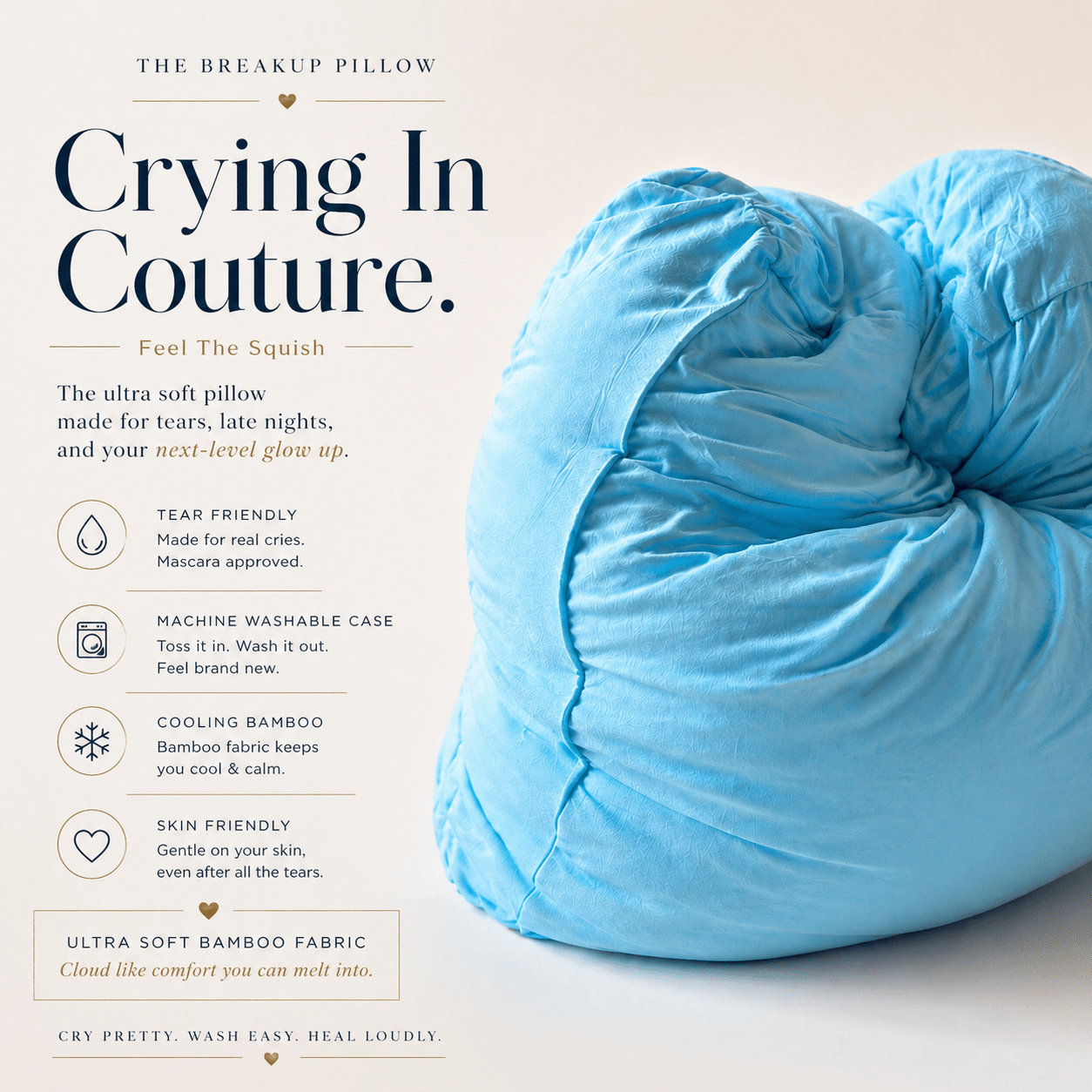 Blue pillow with text describing its features on a light background