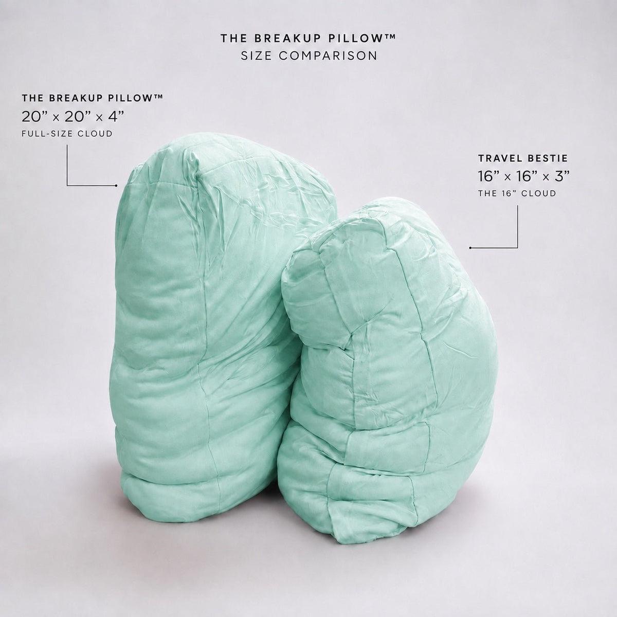 He Mint Nothing breakup pillow size comparison – 20-inch vs 16-inch bamboo cuddle pillow by The Breakup Pillow