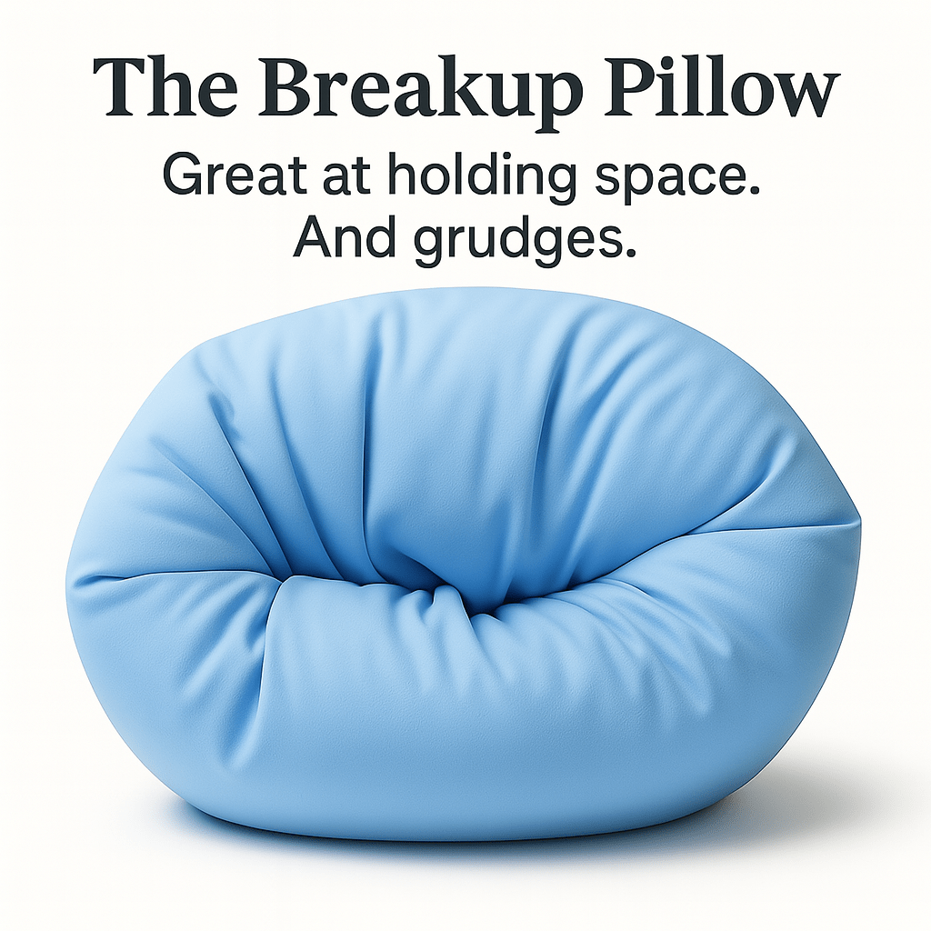 Blue pillow with text 'The Breakup Pillow' on a white background