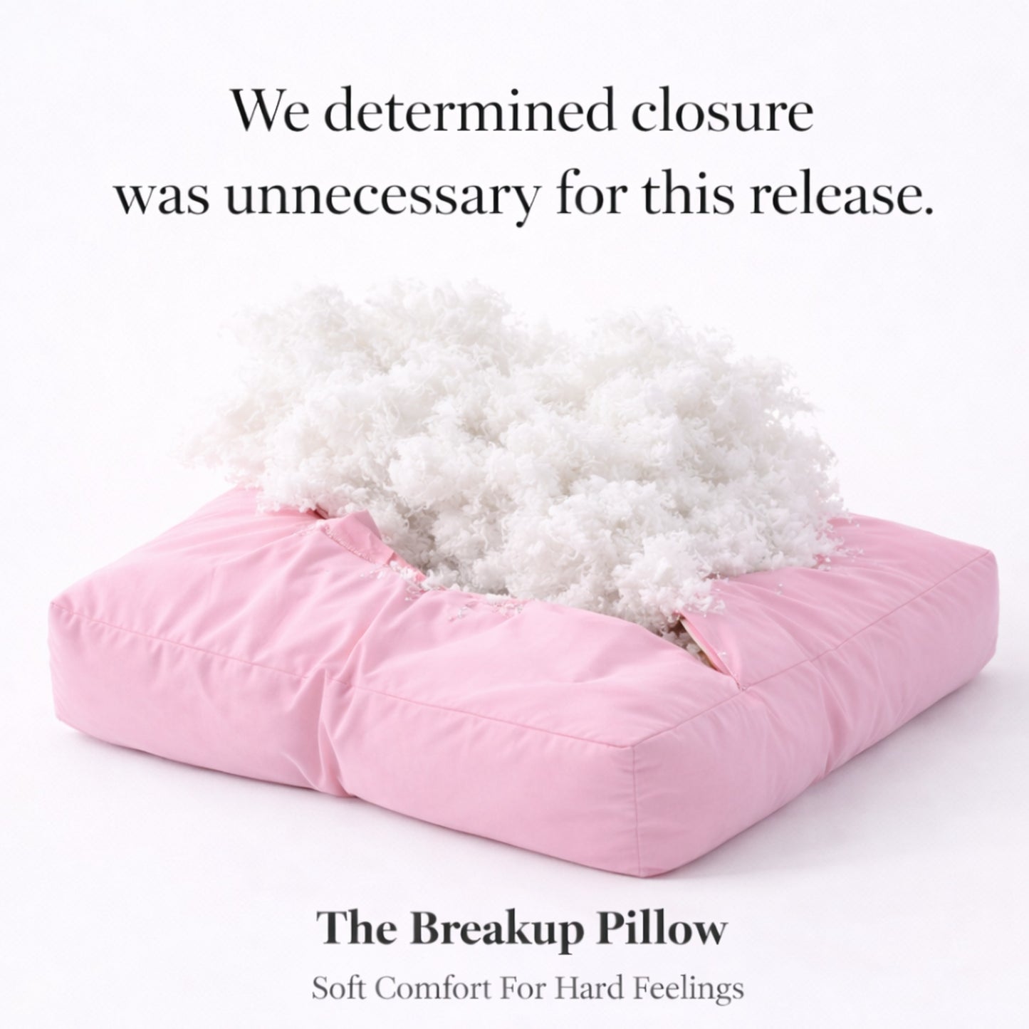 breakup pillow open showing soft plush fill emotional support pillow designed for heartbreak comfort and recovery