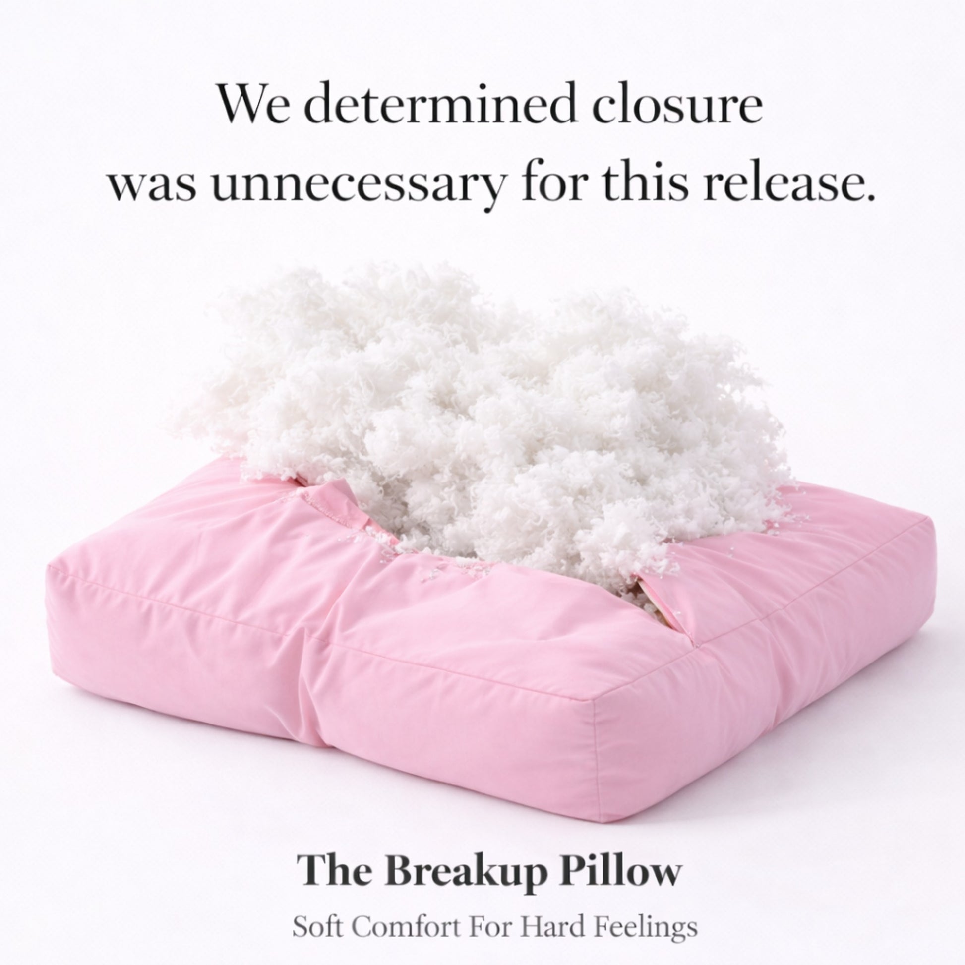 breakup pillow open showing soft plush fill emotional support pillow designed for heartbreak comfort and recovery