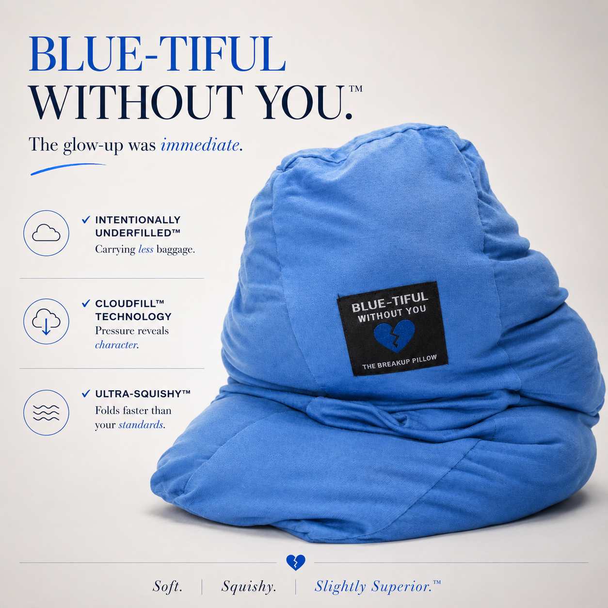 Blue pillow with 'Blue-tiful Without You' branding on a light gray background