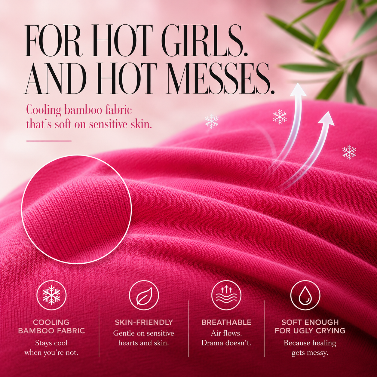 Pink fabric with text highlighting its properties on a pink background
