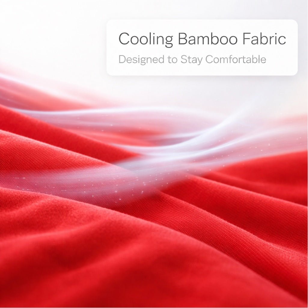 Close-up of red cooling bamboo fabric with text overlay.