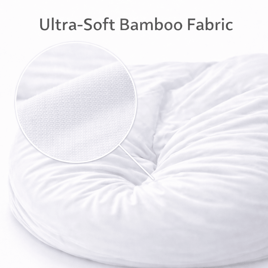 White pillow with close-up of ultra-soft bamboo fabric on a white background