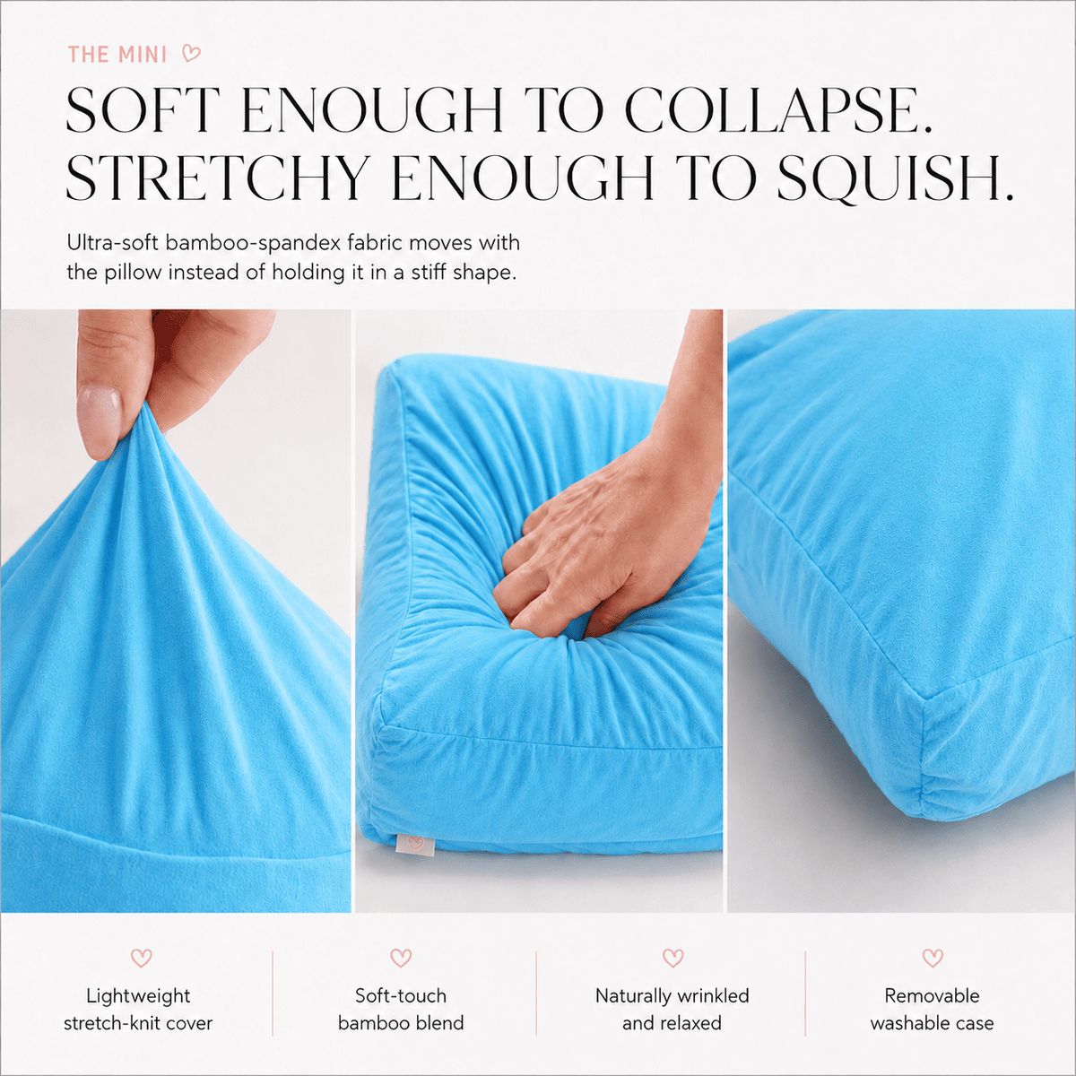 Crying In Couture Mini Breakup Pillow fabric specs – Soft Enough To Collapse, bamboo-spandex stretch cover by The Breakup Pillow