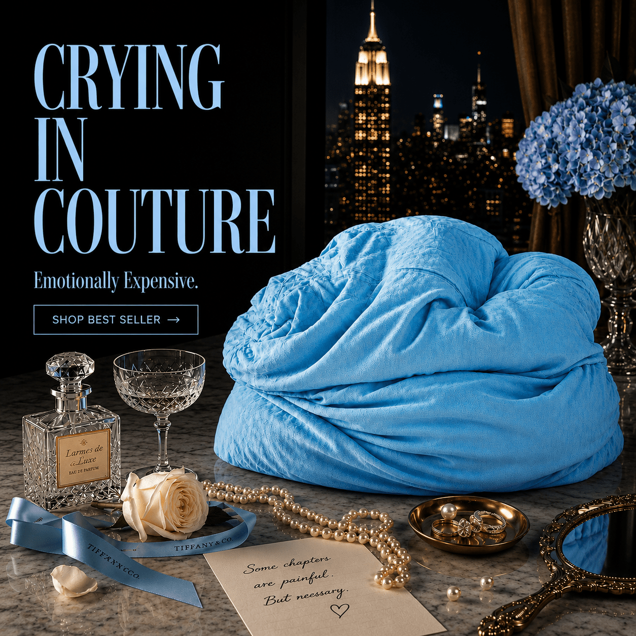 Blue soft pillow as a breakup gift on a table.Designer luxury items sit nearby.A city skyline shows in the background.Text reads "Crying in Couture."
