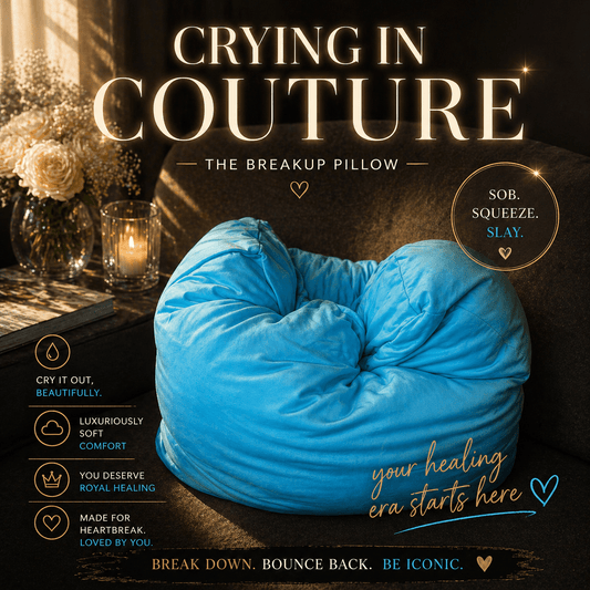 Blue pillow on a chair with The Breakup Pillow written down.